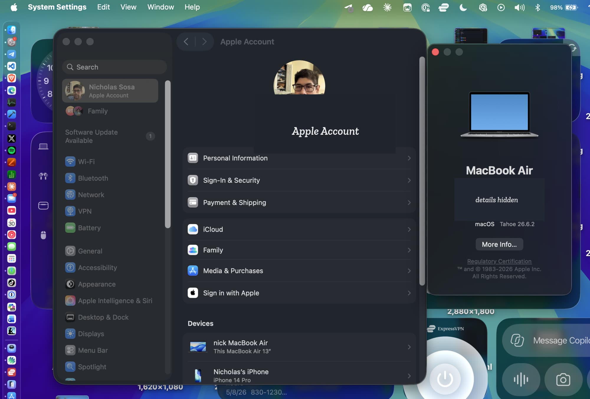 Apple Account settings and M1 MacBook Air details on Nick's desktop, with private account details hidden