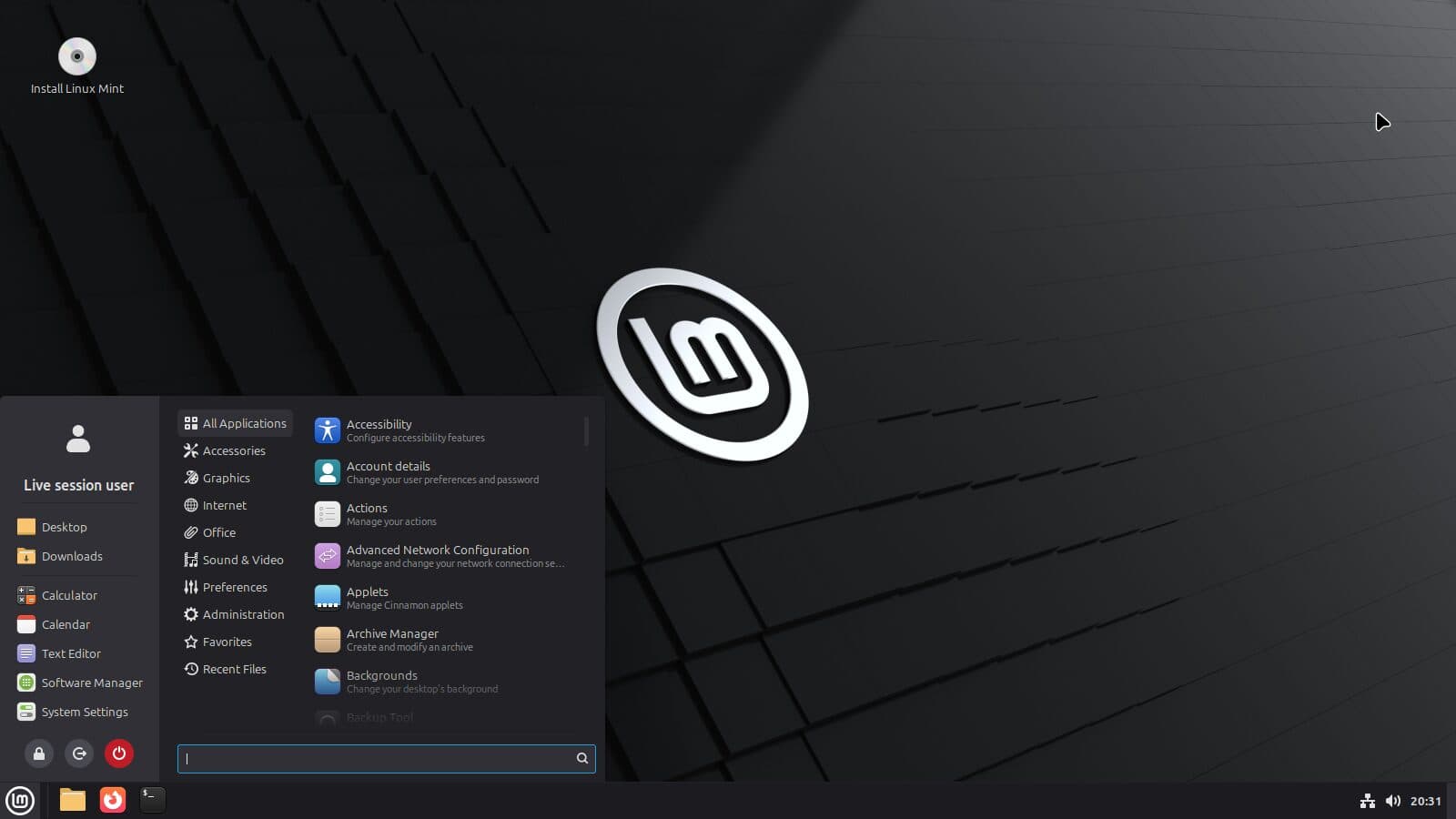 The Linux Mint 22.3 Cinnamon desktop with its start menu open