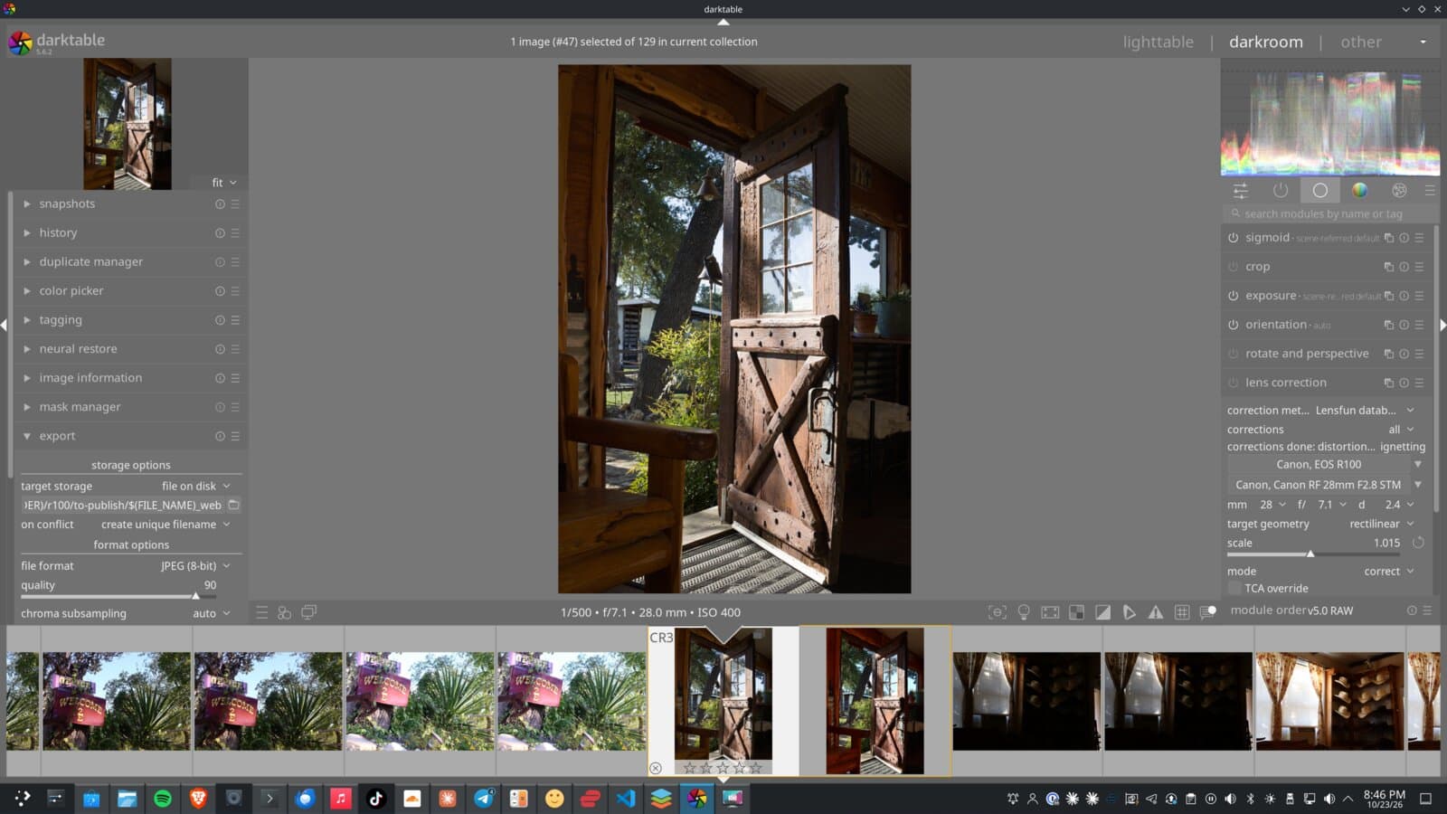 darktable on Nick's Linux desktop, developing a Canon RAW photo of an old wooden Dutch door standing open onto a porch