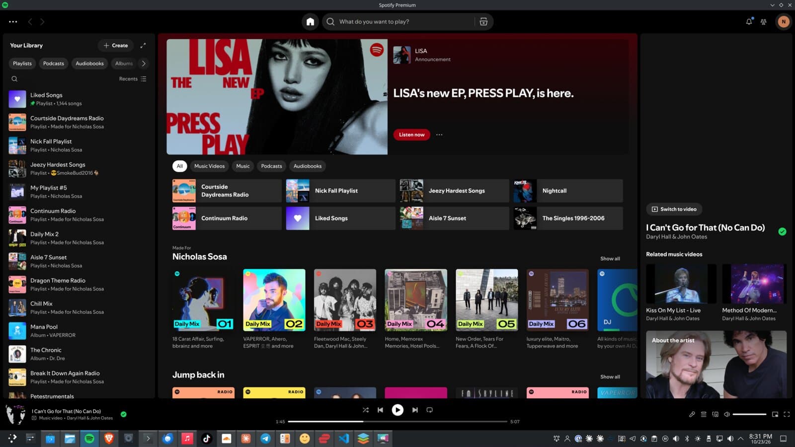 Nick's Linux desktop with Spotify open, playing Hall & Oates