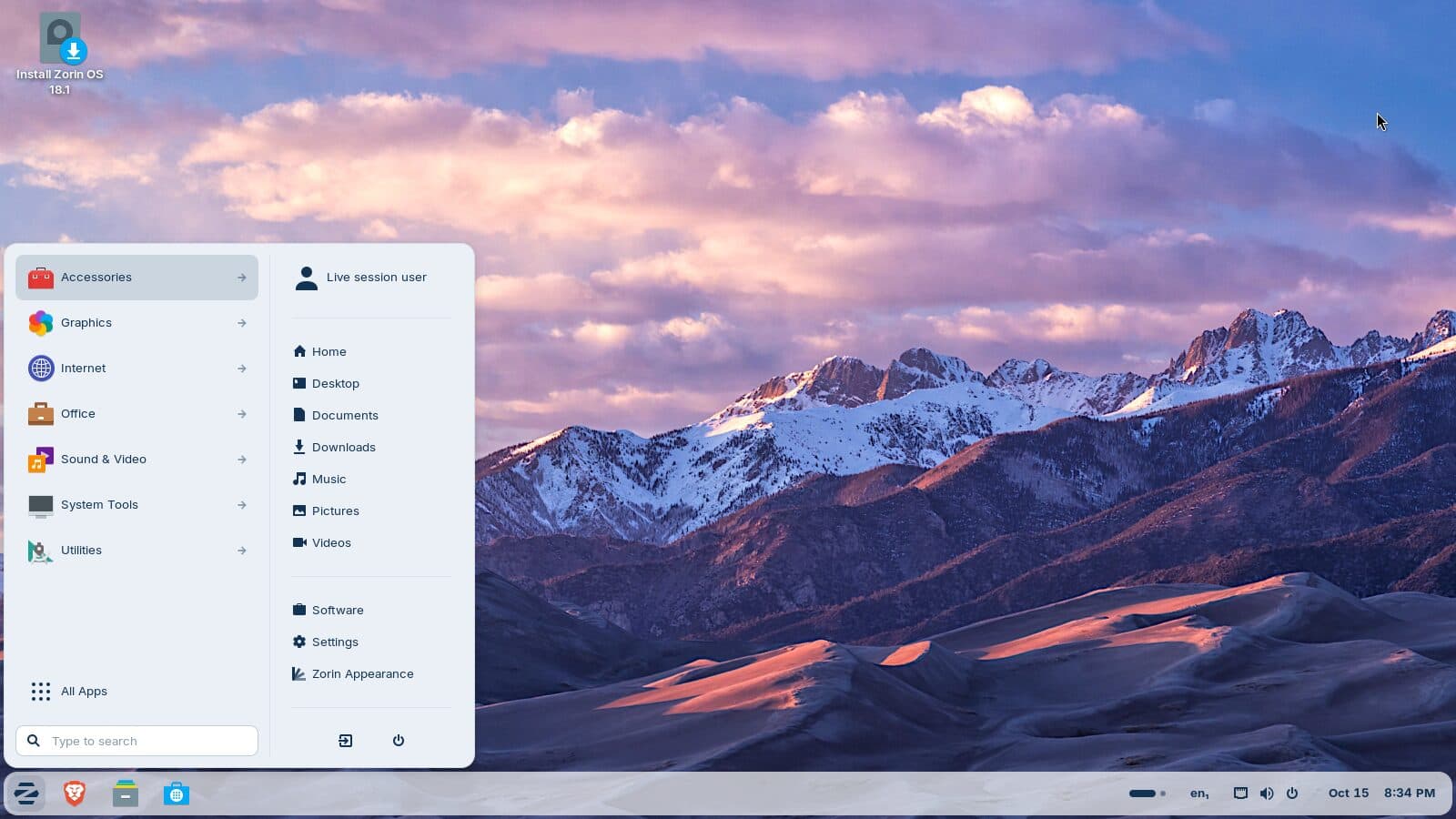 The Zorin OS 18 desktop with its start menu open