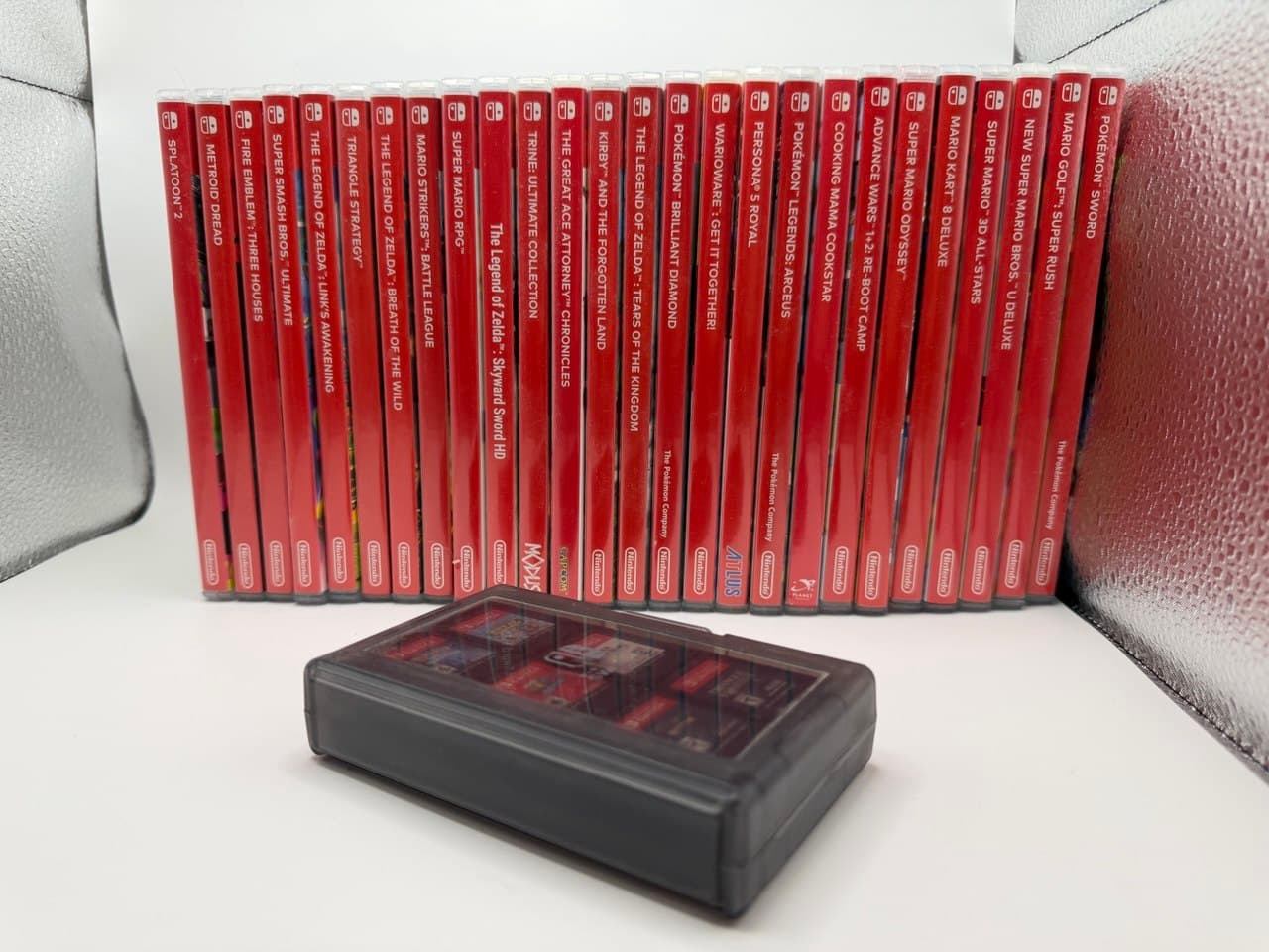 26 Nintendo Switch games lined up by spine